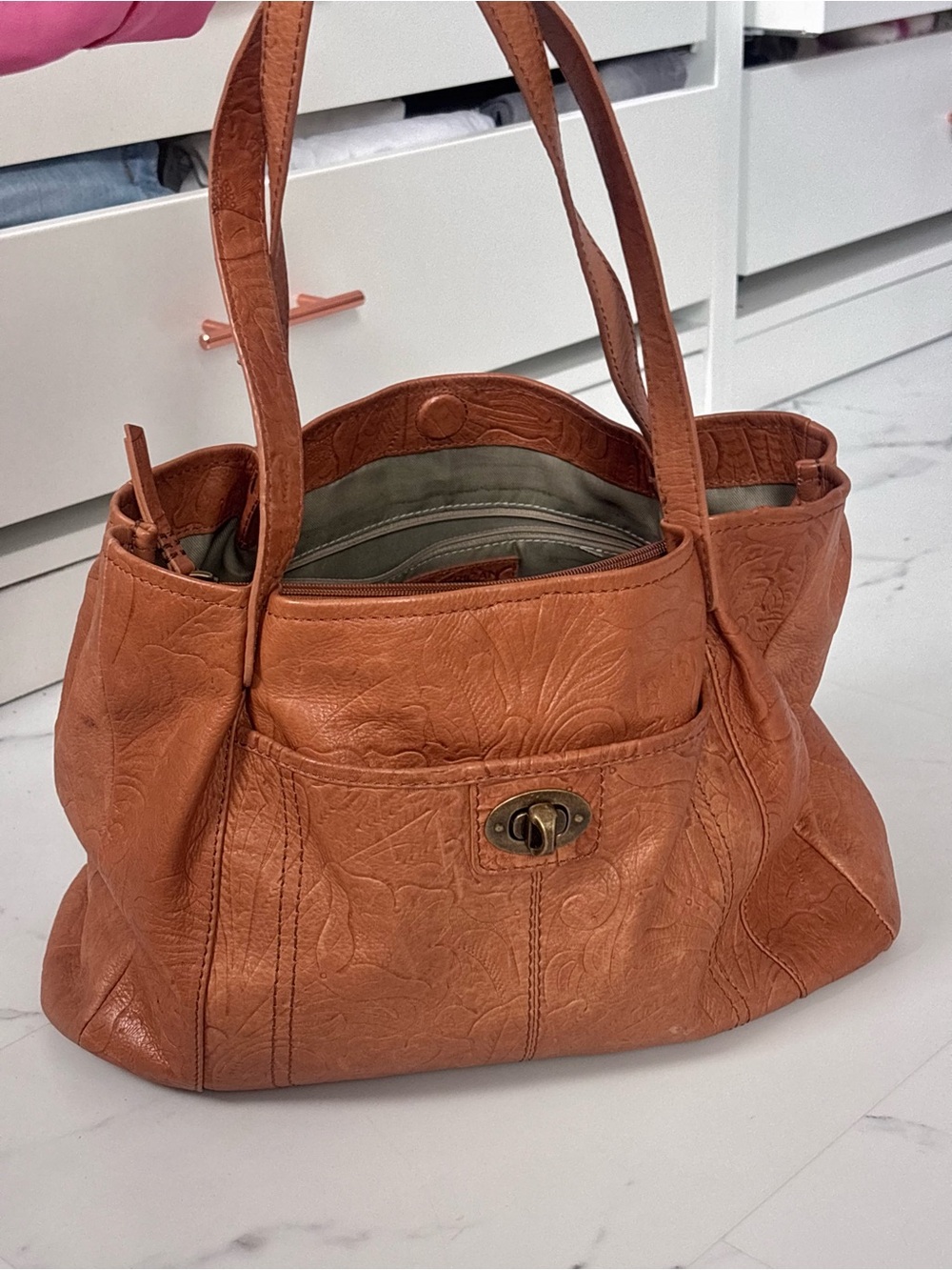 American Leather Co Brown Genuine Leather Embossed Shoulder Bag Boho Western - Picture 2 of 16